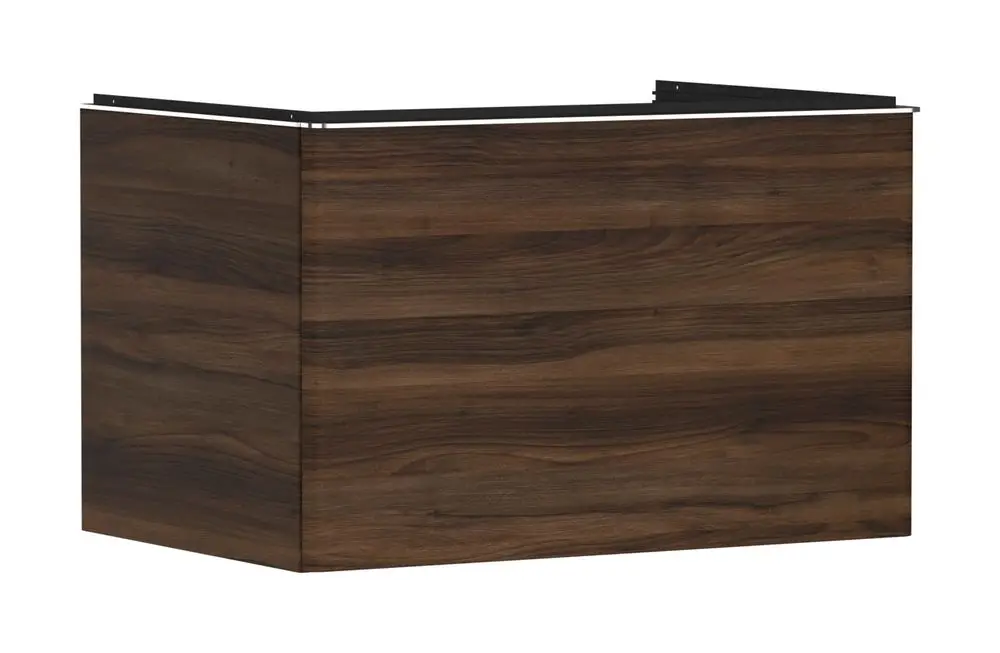 Waschtischunterschrank in dunkler Holzoptik von Hansgrohe, mit einer klaren, glatten Oberfläche und einem Schubkasten, geeignet für Aufsatzwaschtische.